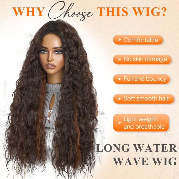 150% Density Women's Long Wavy Curly Wig - Black Kanekalon High Temperature Fiber, Adjustable Cap, Suitable For All Skin Tones, Thick Curly Hair, Lace-Free High Temperature Fiber Full Wig, Suitable For Daily Wear - Brown Highlight - View 4