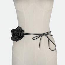 1 Satin Rose Flower Waist Accessory Women's Fashionable Artistic Retro Tie Accessory Necklace Belt - 黑色 - 查看 6