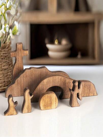 13pcs Easter Resurrection Scene & Cross Decor Set, Wooden Easter Resurrection Scene Cross Jesus Tomb Tray Set, Jesus Nativity Scene Decor, Suitable For Religious Places, Home Office Desk, Christian Gifts, Home Figurine Decor, Cemetery Easter Holiday Table Decor