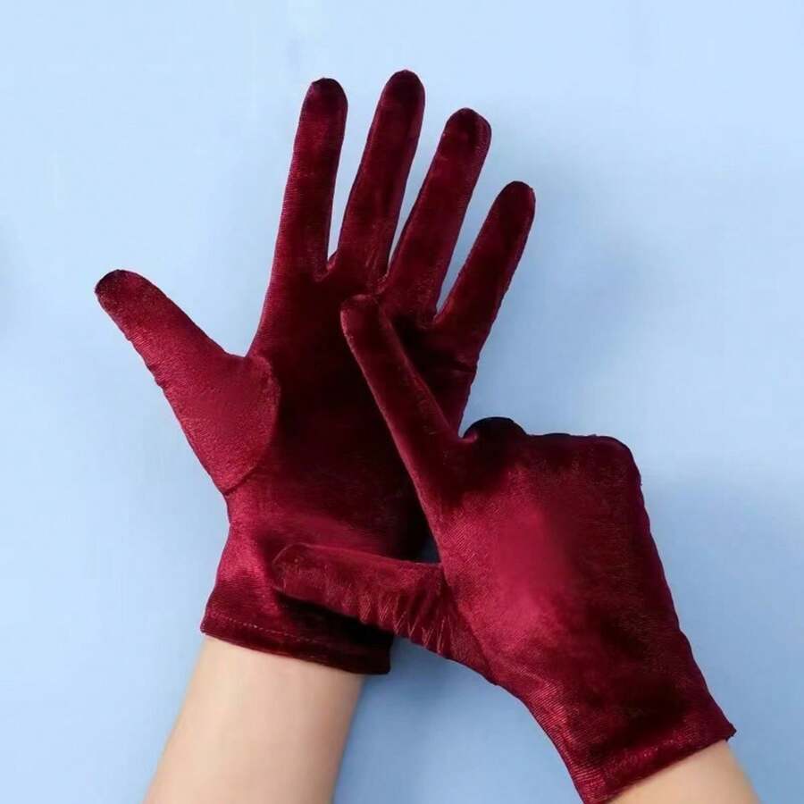 1 Pair Women's Gloves, High Density Stretchy Five-Finger Adult Female Gloves, Velvet For Etiquette, Dance, Wedding, Riding, Driving In Winter - Burgundy - View 1