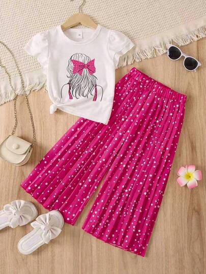 Young Girl Cartoon Character & Letter Print Cap Sleeve T-Shirt And Polka Dot Wide Leg Loose Pants Set, Casual Vacation Style, Spring/Summer/Autumn