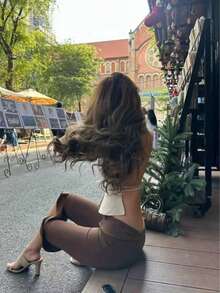 Quần lửng nữ bằng polyester, dáng ôm, dài đến mắt cá chân, gấu quần xếp ly, độ co giãn vừa phải. - Cà phê nâu - Xem 6