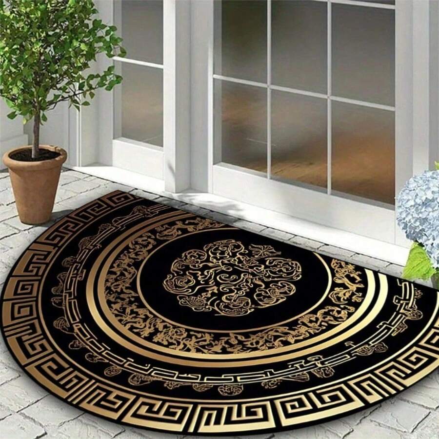 1pc Luxury & Golden Greek Key Pattern Half-Circle Door Mat - Non-Slip Rubber Backing, Machine Washable Polyester Fiber Rectangular Mat, Elegant Home Office Entrance Mat For Indoor/Outdoor Use, Indoor Outdoor Mat | Elegant Door Mat | Durable Door Mat - 1件-Y-19.7*31.5吋/50*80厘米 - 查看 1