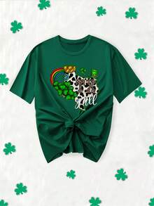 St. Patrick's Day Directional Pattern Printed T-Shirt, Casual Short Sleeve Round Neck Top, Spring Summer, Women's Winter Clothes - Green - View 6