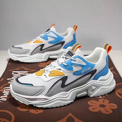 WANWEISI Zapatillas casuales con suela gruesa para hombres - Diseño con letras, parte superior de tela/PU ligera y transpirable, amortiguación de EVA, adorno a rayas y punta redonda, adecuadas para correr al aire libre, senderismo, uso diario, cómodo estilo callejero