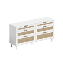 Cómoda de ratán blanco de 59 pulgadas con 6 cajones - Cuenta con tiradores de metal y patas de madera, ideal para dormitorio, sala de estar o almacenamiento en el pasillo - 59", blanco + MDF + cajones de diferentes tamaños - Ver 6