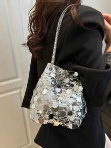 1pc Shiny Lightweight Durable Large Capacity Women's Crossbody Bag, Fashion Versatile Party Bucket Bag, Suitable For Party, Travel, Evening Events - Silver - View 5