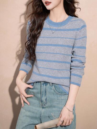 Alicedudu Women's Autumn/Winter Striped Crew Neck Pullover