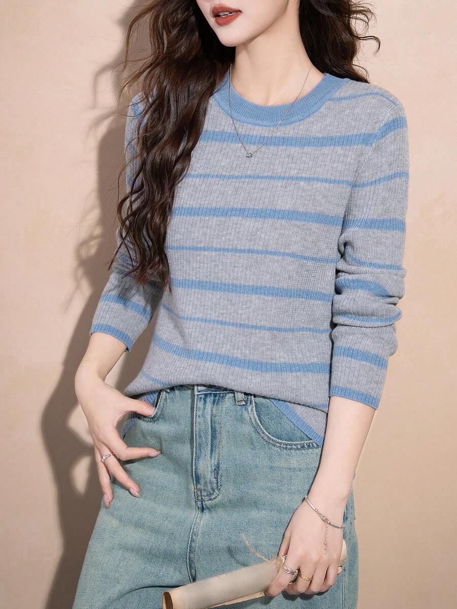 Alicedudu Women's Autumn/Winter Striped Crew Neck Pullover - Blue - View 1