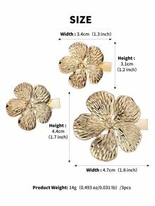 3pcs Elegant Gold Textured Metal Flower Shaped Hair Clips, Retro French Style Duck Bill Flower Hair Clips, Suitable For Women And Girls Daily Wear, Hairpin, Accessories - Gold - View 8