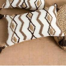 1件咖啡色波浪几何线条图案抱枕套，波西米亚帆布圆形天鹅绒刺绣流苏工艺，北欧风格，适用于卧室、客厅沙发、床头板、户外花园、节日派对装饰枕套，四季皆宜，30*50厘米，45*45厘米（不含枕芯）