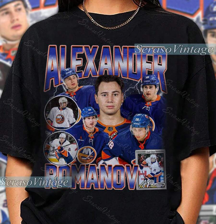 Chemise Alexander Romanov, Sweat-shirt-shirt de hockey de New York, T-shirt de fan de hockey, T-shirt Romanov, T-shirt de rap pirate, T-shirt de joueur de hockey - Noir - Voir 1