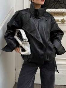 DEEKA 秋冬新款女士时尚皮夹克，简约百搭压纹皮衣，高端外套