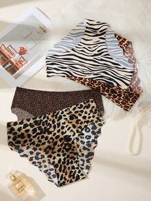 4条装 - 女士豹纹无缝内裤，波浪边饰，优雅时尚内衣 - 彩色 - 查看 5