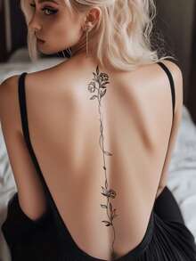 3张性感线条风格人体彩绘纹身贴纸，可用于背部、腰部、脊柱等部位，黑色简约花朵、树叶和月亮图案。防水假纹身，可持续2-5天，可贴于手臂、颈部、腰部、脊柱和腿部。非常适合节日、婚礼、度假、派对礼物、音乐节和身体装饰。 - 黑色 - 查看 3