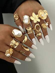 Bộ nhẫn nhiều mảnh xếp chồng được (20/14/12/7/6 chiếc), kiểu dáng cổ điển, hoa văn hình học dày dặn/thanh lịch, mắt hổ, thánh giá, xoắn nhiều lớp, nhăn, kết cấu không đều, giọt nước, sóng, hình tròn rỗng, dây chuyền, ngọc trai giả, nhẫn trơn tối giản, kim loại ngoại cỡ, bộ nhẫn dày dặn, thời trang, thanh lịch, cổ điển, thiết kế tinh tế, thích hợp cho kỳ nghỉ, tiệc tùng, hẹn hò, làm quà tặng, đeo hàng ngày. - Vàng - Xem 3