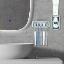 5 Slots Wall Mount Toothbrush Holder With Cover Self Adhesive Toothbrush Storage Organizer For Shower Toothbrush Hanger With Automatic Toothpaste Squeezer Dispenser - Blue Combination - 查看 6