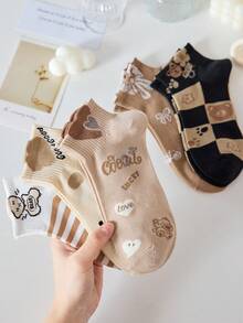 4 đôi tất ngắn nữ họa tiết gấu dễ thương, màu trắng và nâu cà phê, thích hợp cho mùa xuân và mùa hè, màu ngẫu nhiên. - Nhiều màu - Xem 5