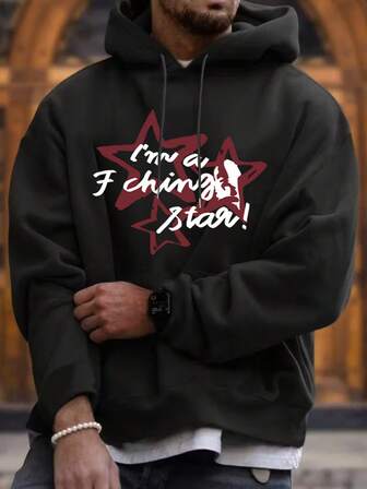 1 pieza Sudadera con capucha negra talla grande para hombres, estampado de estrella vintage, forro polar, gruesa, estilo callejero, otoño/invierno