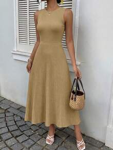Women Summer Sleeveless Midi Dress Crewneck Ribbed Knit Pleated Swing A-Line Flowy Dress Solid Color Casual Spring Holiday Vacation Valentine Long Midi Dress Outfits - 駝色 - 查看 6