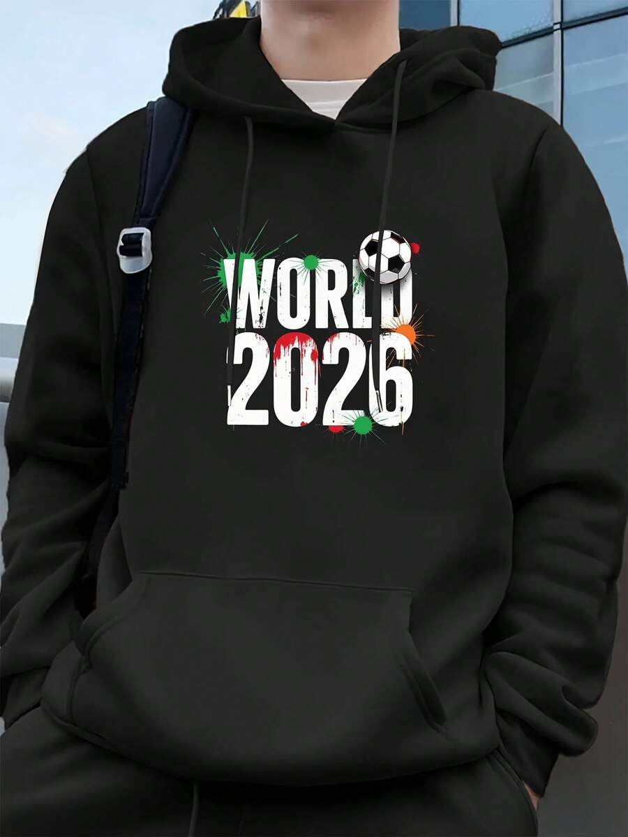 Men's Soccer Team Inspired Hoodie – Creative soccer pattern design, black hooded jacket with pockets, machine washable, suitable for sports fans and everyday wear, sports fan apparel, sporty design, durable fabric, men's black sweatshirt, Football World Cup 26 'United 2026' - Negro - Ver 1