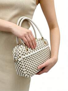 Checkered Crossbody Bag For Women Shoulder Plaid Handbags Top Handle Satchel Bag Woven Bum Bag Stylish Woven Crossbody Bag PU Leather - Brown White Check - 查看 9