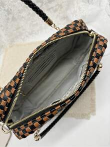 Checkered Crossbody Bag For Women Shoulder Plaid Handbags Top Handle Satchel Bag Woven Bum Bag Stylish Woven Crossbody Bag PU Leather - 咖啡黑格 - 查看 2
