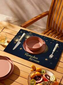 1 pièce Tapis de table thème Ramadan avec des lanternes dorées et un design de croissant de lune - résistant à la chaleur, idéal pour les dîners en famille et les réceptions d'invités, décoration de célébration du Ramadan, décoration de table du Ramadan | Décoration de table festive | Vaisselle - Multicolore - Voir 5