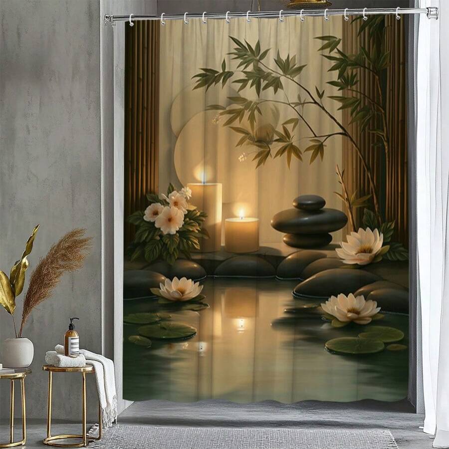 1pc Romantic Bamboo For Lotus Pattern Shower Curtain Bathtub Partition Hanging Cloth Curtain Bathroom Decoration Polyester Fabric Contains - 綠褐色 - 查看 1