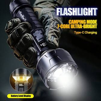 1 pieza Linterna de camping LED potente con indicador de carga, luz recargable portátil, resistente al agua, para uso en exteriores y camping