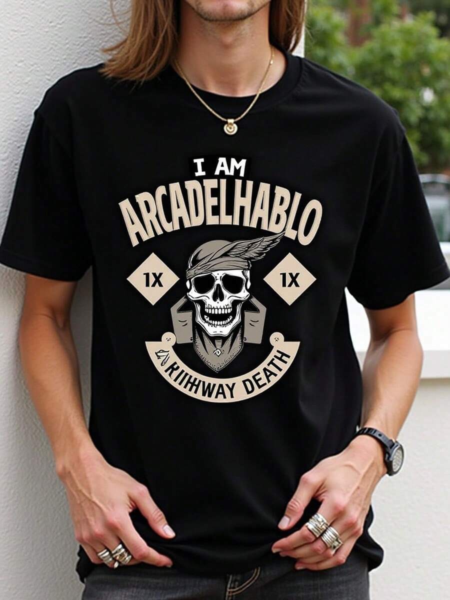 Camiseta gráfica de calavera moderna estilo punk rock para hombres y jóvenes adecuada para uso diario negro talla S a XL moda urbana camiseta popular actual - Negro - Ver 1