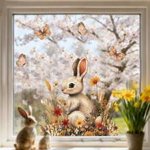 1片可爱兔子、花朵和蝴蝶图案窗贴，可移除双面静电贴，适用于春季复活节卧室、客厅、阳台和橱柜窗户装饰。 - 彩色 - 查看 2