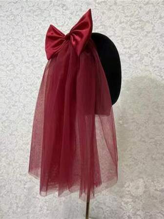 1pc Wine Red Veil, Short Double-Layer Big Bow Headpiece For Evening Gown, Wedding Dress, Photography
