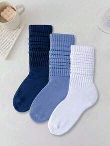 1/6 Pairs Women's Assorted Color Crew Socks, Autumn/Winter (Blue, Light Blue, White, Pink, Light Pink, Purple) - Multicolor - View 3