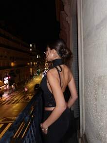 Women's Deep V Neck Lace Patchwork Tank Tops Summer Sleeveless Cross Back Shirt Lace Flower Cropped Vest - Black - View 8