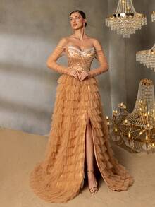 Faeriesty Women's Strapless Sequin Mermaid Maxi Dress, Multi-Layer Sheer Skirt, High Slit Design, Paired With Sheer Long Sleeves, Suitable For Red Carpet Galas, Formal Dinners, Weddings, Luxury Balls, And Special Occasions - Khaki - View 6