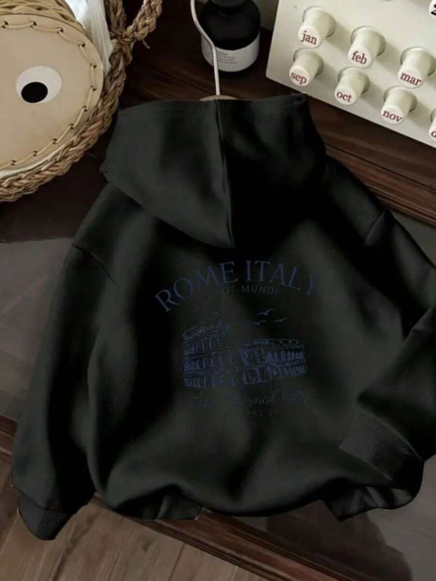 Unisex Sweatshirt, Printed Back, Jacket With Kangaroo Pocket, Drawstring, Hood, Premium Line - Black - View 1