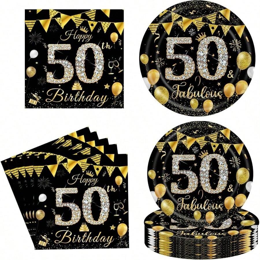40PCS 50th Birthday Decorations Black Gold Vintage 1965 Party Tableware Cheers To 50 Years Paper Plates Napkins Men Women 50th Birthday - Biểu ngữ sinh nhật lần thứ 50 - Xem 1