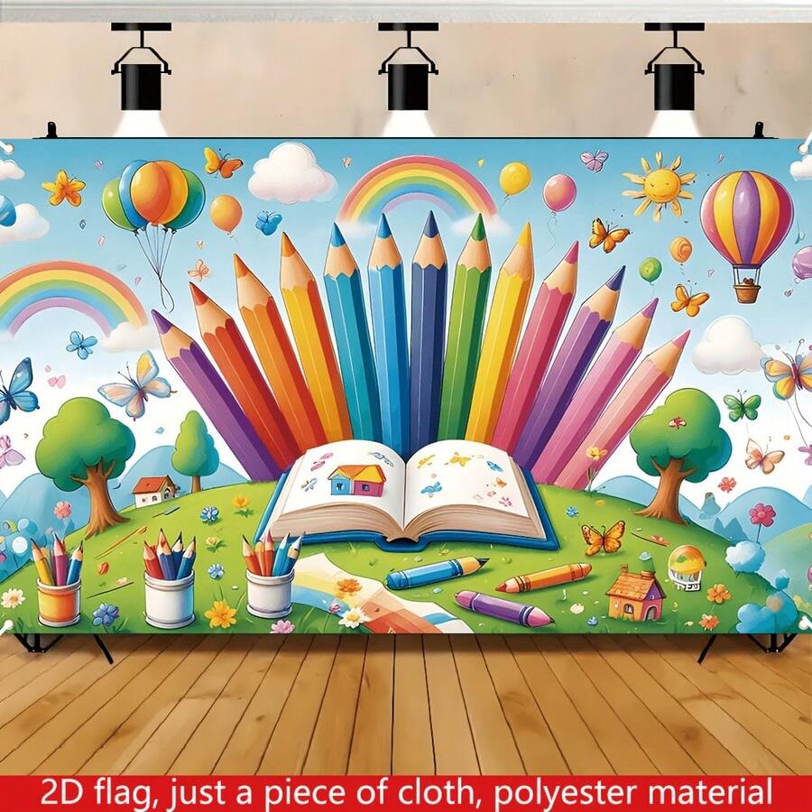 1pc Vivid Welcome Back To School Banner - 2D Polyester Flag With Colorful Pencils, Rainbows And Butterflies, Indoor/Outdoor Wall Hanging, Suitable For First Day Celebration, All Season Decor, No Power Needed, Classroom Decoration