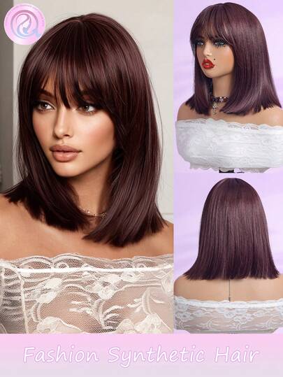 12英寸酒红色合成纤维假发：这款舒适时尚的合成假发适合女性轻松打造甜美造型，触感自然柔软，耐热，用途广泛，多层设计，适合日常佩戴和派对场合。