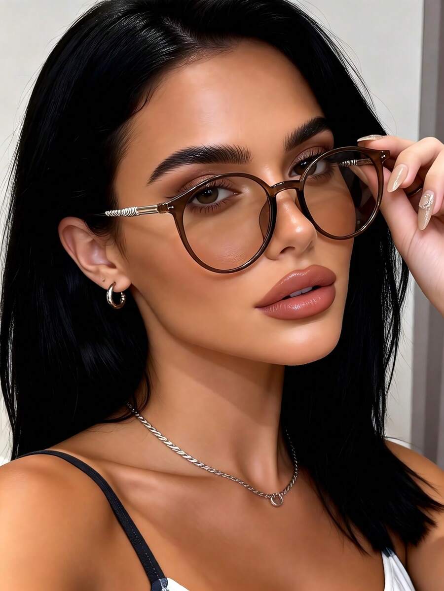 1 Pair Round Plastic & Metal Full-Rim Transparent Women's Fashion Glasses, Suitable For Beach Parties, Dates, Outings, Shopping, Camping, Fits All Face Shapes, Fashionable And Versatile, Elegant, Suitable For Family Outings, Travel Vacations, Summer Beach Trips, Outdoor Activities - 1pc 透茶框香檳片 - 查看 1