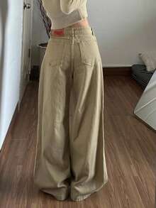Retro American Design Letter Embroidery Loose Casual Wide Leg Flare Jeans - Khaki - View 4