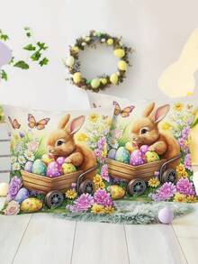1pc Easter Bunny Pillowcase, 18 * 18inch Rabbit Flower & Eggs Pattern Festive Throw Pillow Cover, Polyester Farmhouse Style Cushion Cover Perfect For Couch Sofa Living Room Bedroom Home Decor, Easter Decor Without Pillow Inserts, Spring Theme Party Supplies - Multicolor - View 6