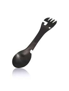 五合一战术叉勺及开瓶器套装 - 重型不锈钢露营餐具，包含叉子、刀子、开罐器和勺子 - 轻便便携设计