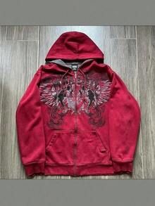 Men's Y2K Skeleton Zip Up Hoodie Basic Versatile Casual Streetwear Fashion - 紅色 - 查看 1