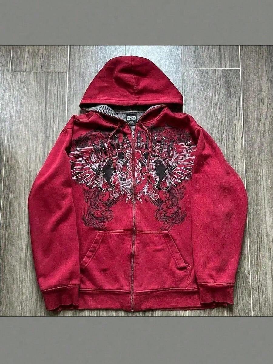 Men's Y2K Skeleton Zip Up Hoodie Basic Versatile Casual Streetwear Fashion - 紅色 - 查看 1