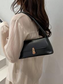 1pc Solid Color Portable Commuter Latch Fashionable Minimalist Retro Versatile Shoulder Bag Handbag, Suitable For Women's Daily Use - Black - View 2