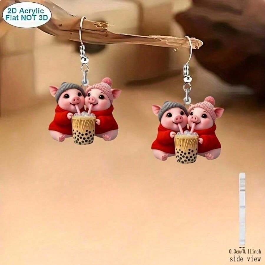 2D flat, 1 pair, cute twin little pigs drinking milk tea, versatile acrylic pendant earrings with floral patterns, perfect gift for pet lovers, suitable for ladies, parties and Christmas, fashionable accessories for all seasons, as a gift - Multicolor - Ver 1