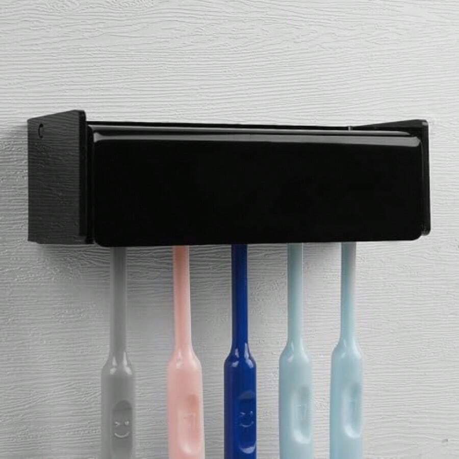 5 Slots Wall Mount Toothbrush Holder With Cover Self Adhesive Toothbrush Storage Organizer For Shower Toothbrush Hanger With Automatic Toothpaste Squeezer Dispenser - 黑色 1 包 - 查看 1