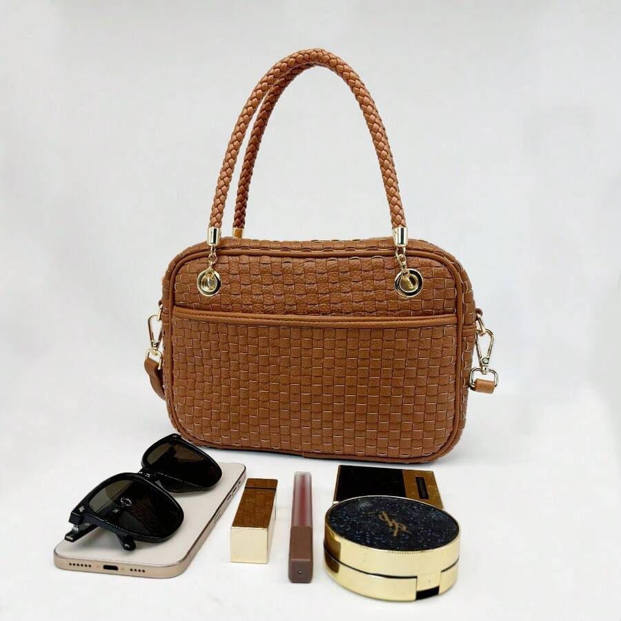 Checkered Crossbody Bag For Women Shoulder Plaid Handbags Top Handle Satchel Bag Woven Bum Bag Stylish Woven Crossbody Bag PU Leather - 純棕色 - 查看 1